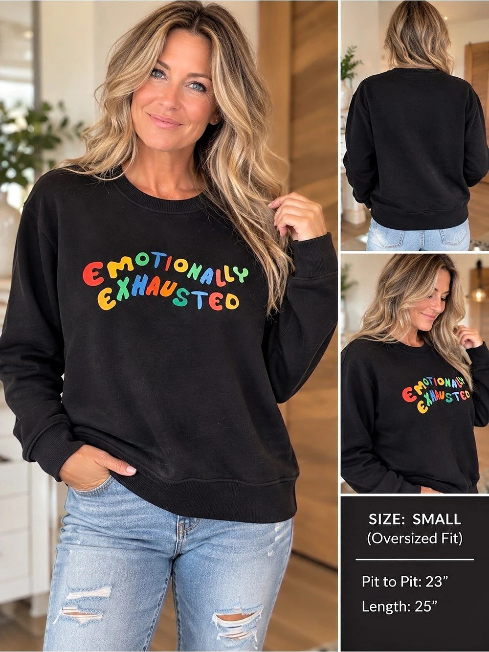 23” ptp Emotionally Exhausted Sweatshirt Black Small Like New
